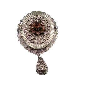 Vintage Silver Tone Filigree Brooch with Teardrop Dangle and Topaz Rhinestone
